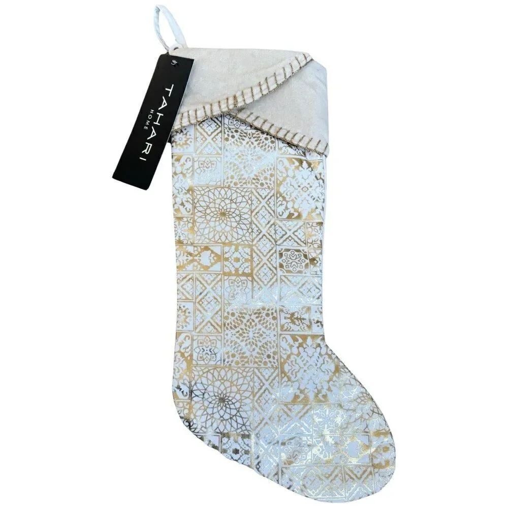 Tahari Home Ivory Embroidered Metallic Gold Geometric Christmas Stocking NWT